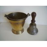 Brass swing handle pail and a vintage school type hand bell (2)