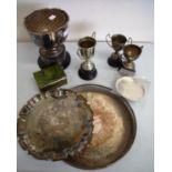 Selection of various silver plated trophy cups including the Symonds Cup, plated serving trays and