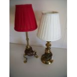 Two brass table lamps with shades