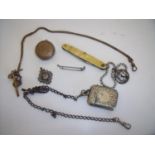 Victorian embossed brass sovereign holder, a pocket knife, a chain & fob, a brass watch chain, a bar