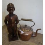 19th C copper kettle and a Dutch style fire companion boy on square standing supports (2)