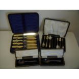 Cased set of six silver plated tea spoons and sugar tongs, cased fish knives & forks and two cased