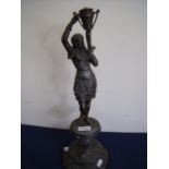 An elaborate cast metal centre piece on turned base depicting classical warrior style woman