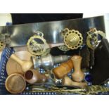 Selection of horse brasses, large pewter sugar caster, brass letter rack, casted coffee bean