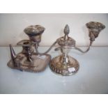 Silver plated 'Go to Bed' candlestick with snuffer and a silver plated twin branch candelabra (2)