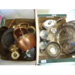 Selection of various plated ware, pewter tankards, Art Nouveau silver plated salva and a box of