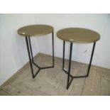 Pair of new ex-shop display copper effect top circular metal tables on three supports (diameter