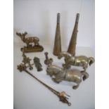 Selection of brass and copper ware in one box including fog horns, heavy brass horses etc