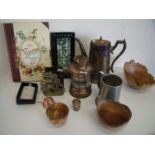 Boxed modern hip flask, pewter musical tankard, plated ware, wooden bowl, various photo frames,