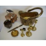 Small brass coal helmet and various brass candlesticks, rectangular copper kettle, Cloisonné ware