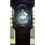 Oak cased 8 day brass faced long case clock by W Clarke Morpeth No 57, with secondary dials and flat