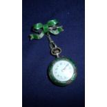 Ladies silver and enamel fob watch with enamel and seed pearl bow hanging pendant with Swiss