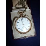 Boxed gold plated gents pocket watch by H Stone Leeds, with white enamel dial and secondary dial