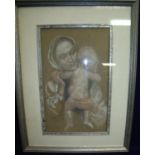 Framed and mounted pastel sketch portrait of mother and child by Charles Cameron Baillie (35cm x