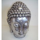 Decorative figure of a Buddha's head in silver finish (35cm high)