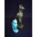 Carved stone Nephrite Cat (18.5cm high)and another similar blue glazed pottery example (11.5cm high)