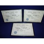 Set of three framed and mounted British Tunny Club certificates, relating to The Laughton family