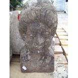 Carved Scottish stone head, circa 19th C, with flat back and front head and shoulder profile (20cm x