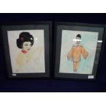 Pair of framed and mounted watercolours of Oriental ladies with various signed details and notes,