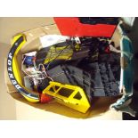Selection of various vintage Scalextric with three cars and various accessories