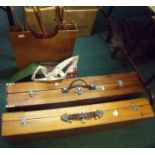 Selection of various long and short shafted arrows, quiver, braces and two wooden archery boxes with