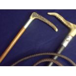 Hunting whip with antler grip and white metal collar with leather bound body & bladed whip extension