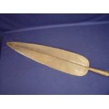 Unusual 19thC African tribal type spear with large leaf shaped double edged blade with wooden