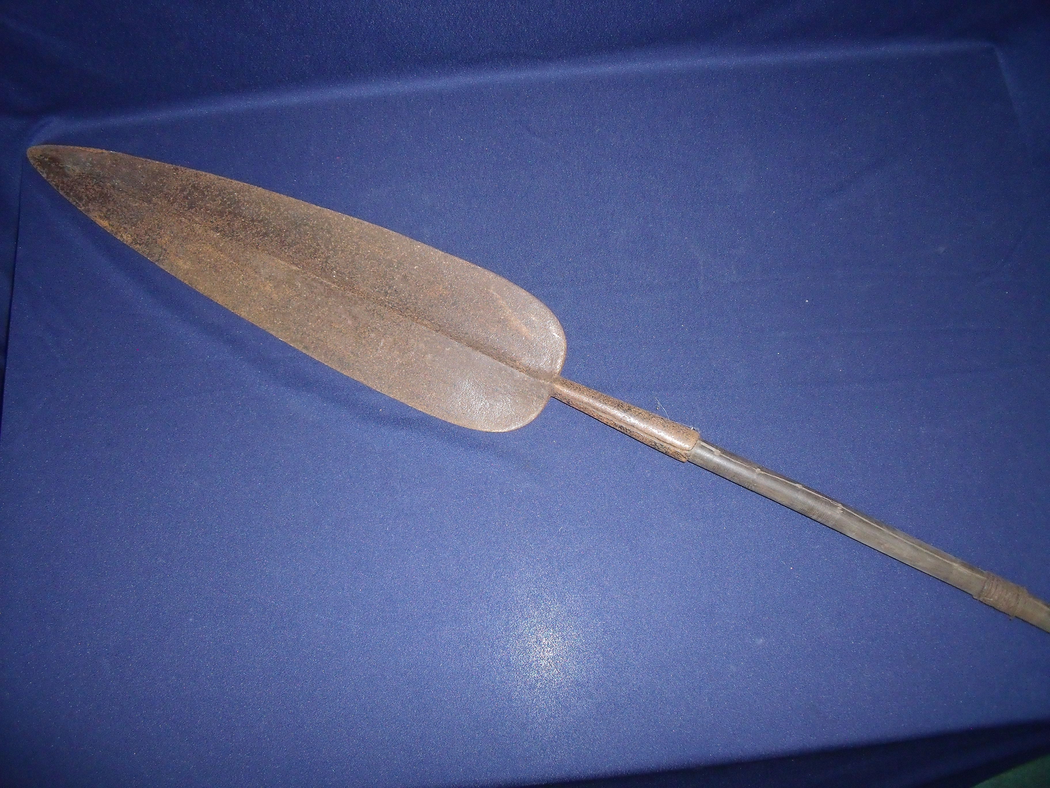Unusual 19thC African tribal type spear with large leaf shaped double edged blade with wooden - Image 3 of 3