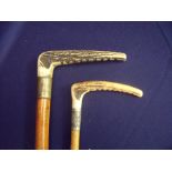 Early 20th Century malacca and antler grip horse riding crop and another similar smaller crop with