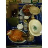 Various decorative ceramics including Hornsea, ceramic chicken, various plated cutlery and other