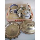 A small selection of plated ware, oriental style ceramics including two teapots and an early 19th