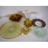 Selection of various decorative glassware including handkerchief bowl, amber glass etc, cabinet
