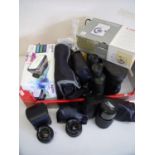Box containing a large quantity of various cameras, camera equipment, binoculars, lens etc including