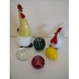 Selection of Studio ware glassware including Murano style cockerels, a large fruit paperweight