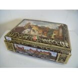 Large German embossed E. Otto Schmidt tin with town landscape scenes and hinged rectangular top (