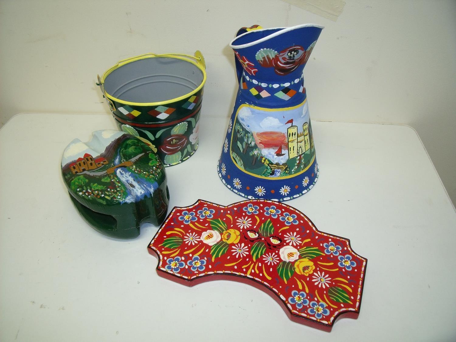 Selection of painted Bargeware items including jug, bucket, wooden pulley block and a wooden