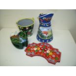 Selection of painted Bargeware items including jug, bucket, wooden pulley block and a wooden