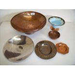 Arts and crafts style hammered pewter bowl similar plated salver dishes etc and a Studio enamel ware