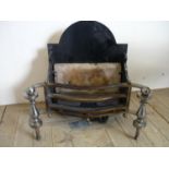 Early 19th C style cast metal and polished steel fire grate with scroll work dogs and gas burner