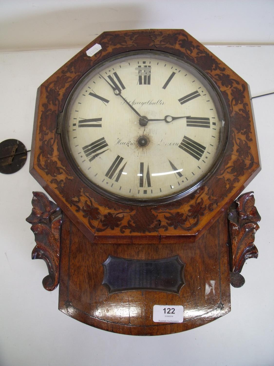 19th C walnut inlaid drop dial wall clock with painted wooden dial for G. Spigelhalter Hackney
