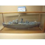 Glazed and cased scale model of Flower Class Corvette H.M.C.S Snowberry (92cm x 29cm x 39cm)