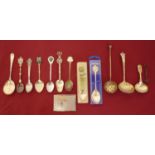 Selection of various souvenir spoons, plated ware, sugar sifters, 3 pence spoon etc