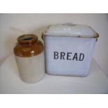 Enamel bread bin and a Earthenware jar (2)