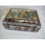 Large embossed E. Otto Schmidt Nuremberg tin with hinged rectangular top depicting scenes of