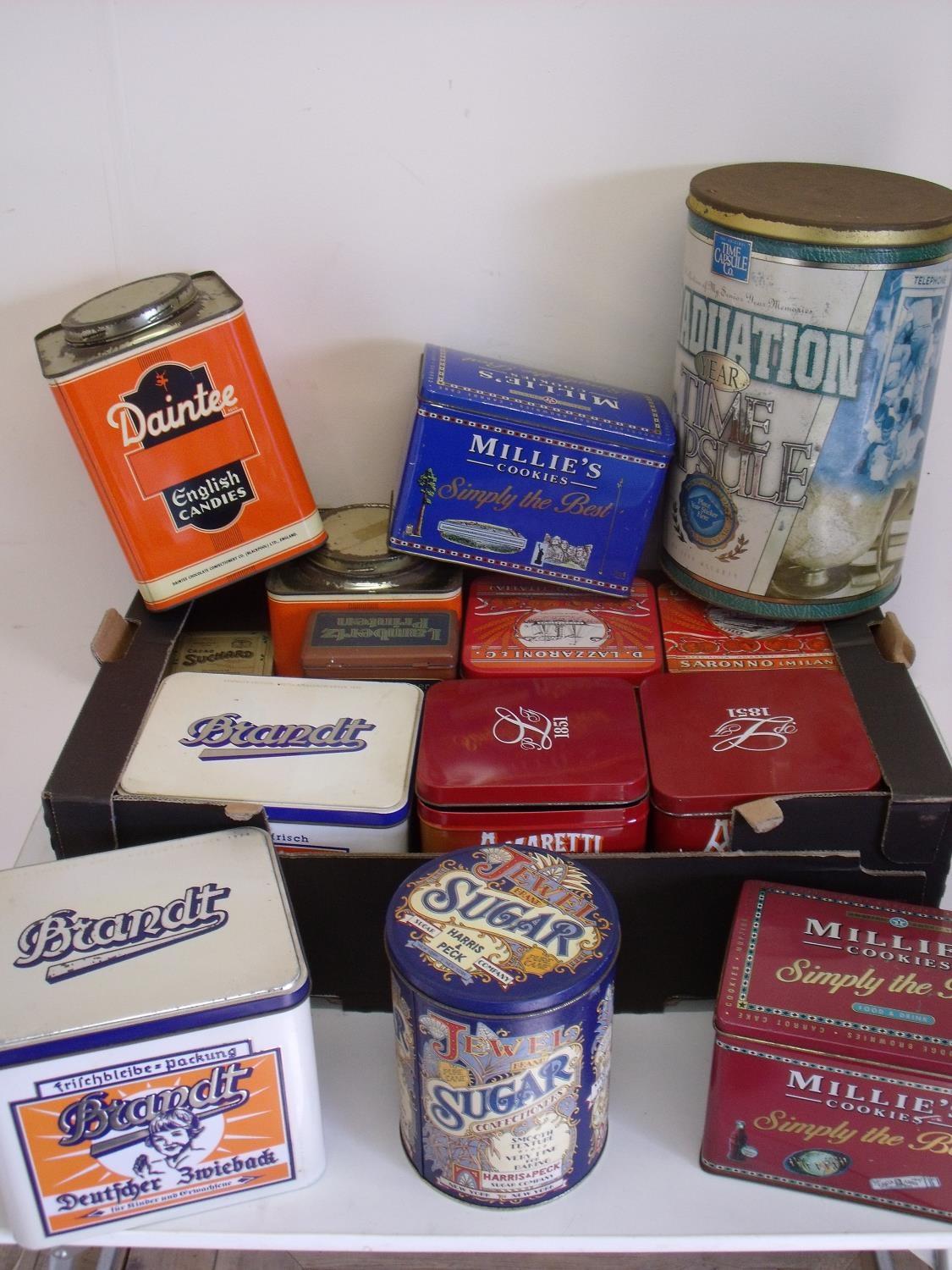 Large selection of vintage American, English and continental shop display type advertising tins