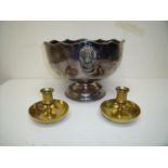 Large silver plated punch bowl (diameter 26cm) and two brass candle sticks (3)