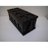 Wooden rectangular table box with hinged top in the form of a medieval style chest (37cm x 17cm x