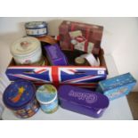 Large selection of various assorted biscuit and other branded advertising tins including Cadburys,