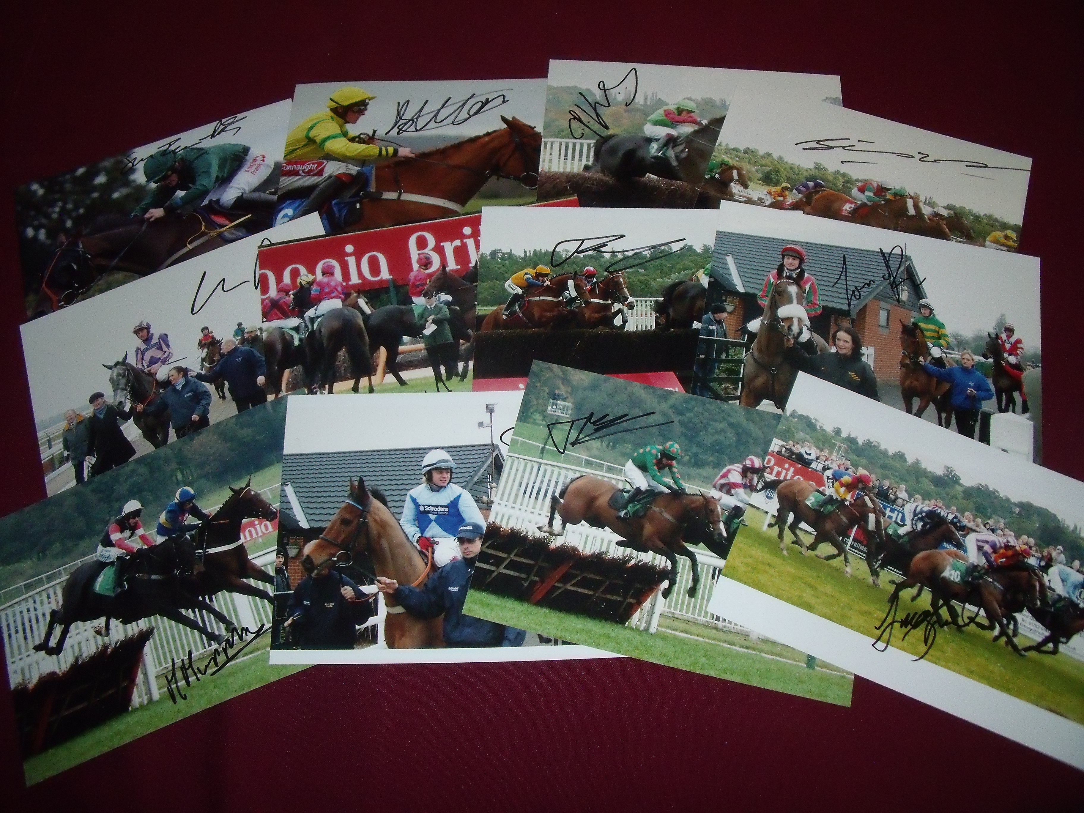 Twelve 8x6inch prints signed by various jockeys Tom Messenger, Tim O'Brien, Jack Doyle, Michael