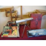 Lightwood concertina sewing box, a cased zoom telescope Prinz Astral 90, Chums 1939 book and a boxed